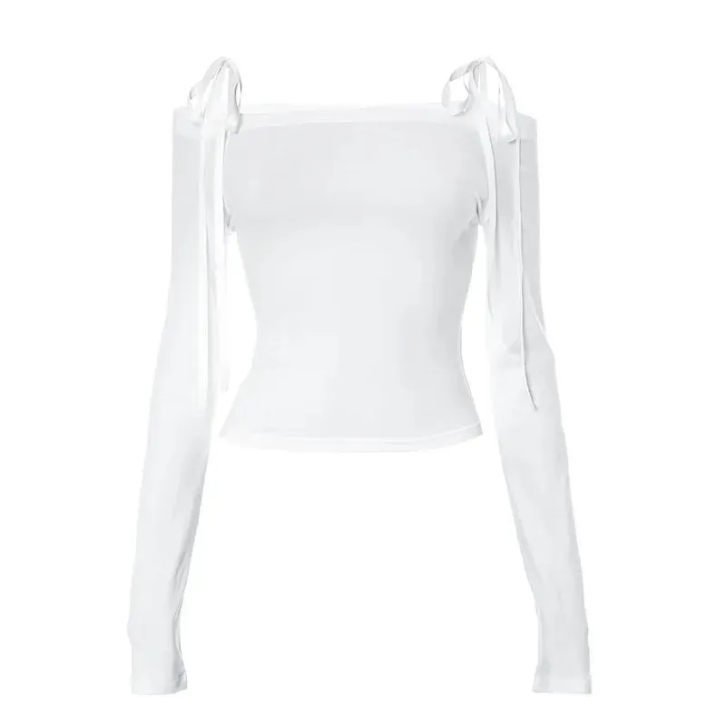 2000s Tops Y2k Autumn Aesthetic White T Shirt Women Bow Tie Off Shoulder Long Sleeve Crop Top Kawii Clothes P85-AI14
