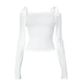 2000s Tops Y2k Autumn Aesthetic White T Shirt Women Bow Tie Off Shoulder Long Sleeve Crop Top Kawii Clothes P85-AI14