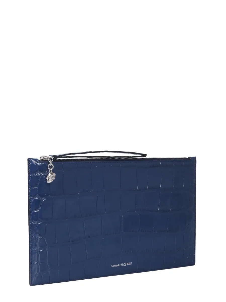 Alexander McQueen Skull Motif Crocodile Embossed Clutch Bag