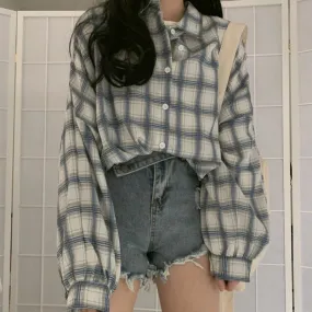 Autumn Women Plaid Shirt Oversized Lantern Sleeve Vintage Turn Down Collar Ladies Casual Vintage Button Up Loose Tops
