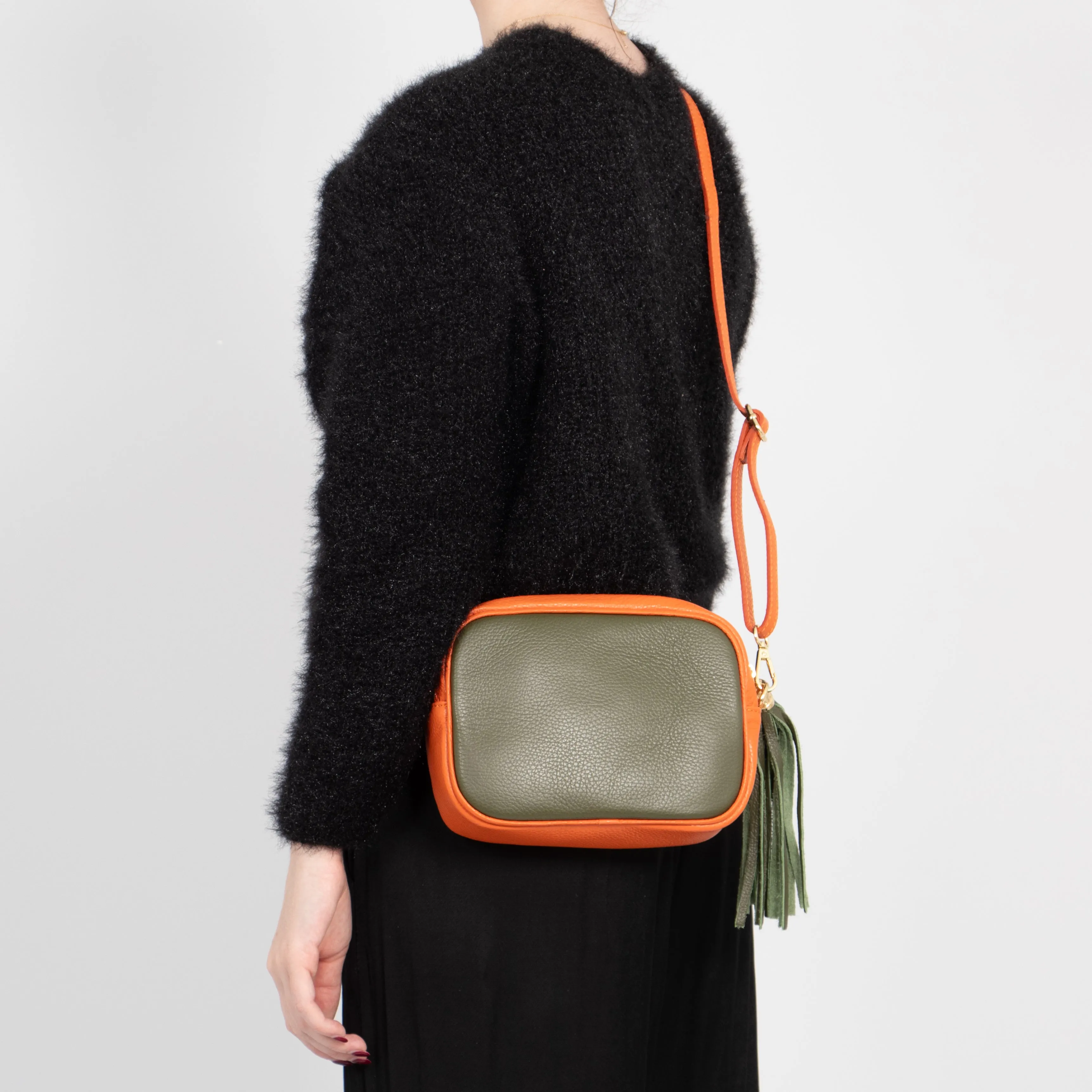 Beau - Italian Leather Crossbody Bag - Khaki/Orange, Pebbled