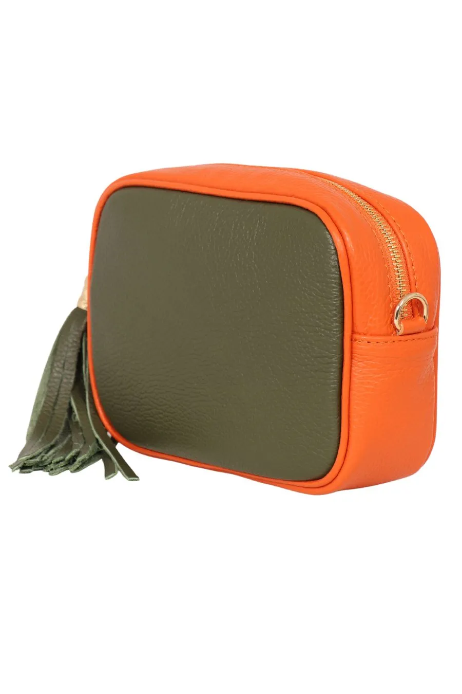 Beau - Italian Leather Crossbody Bag - Khaki/Orange, Pebbled