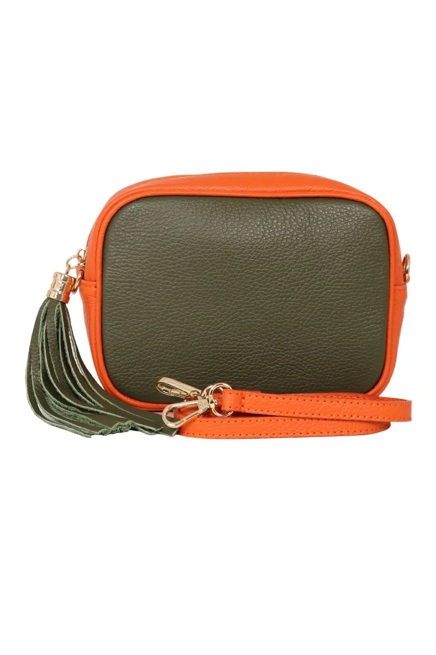 Beau - Italian Leather Crossbody Bag - Khaki/Orange, Pebbled