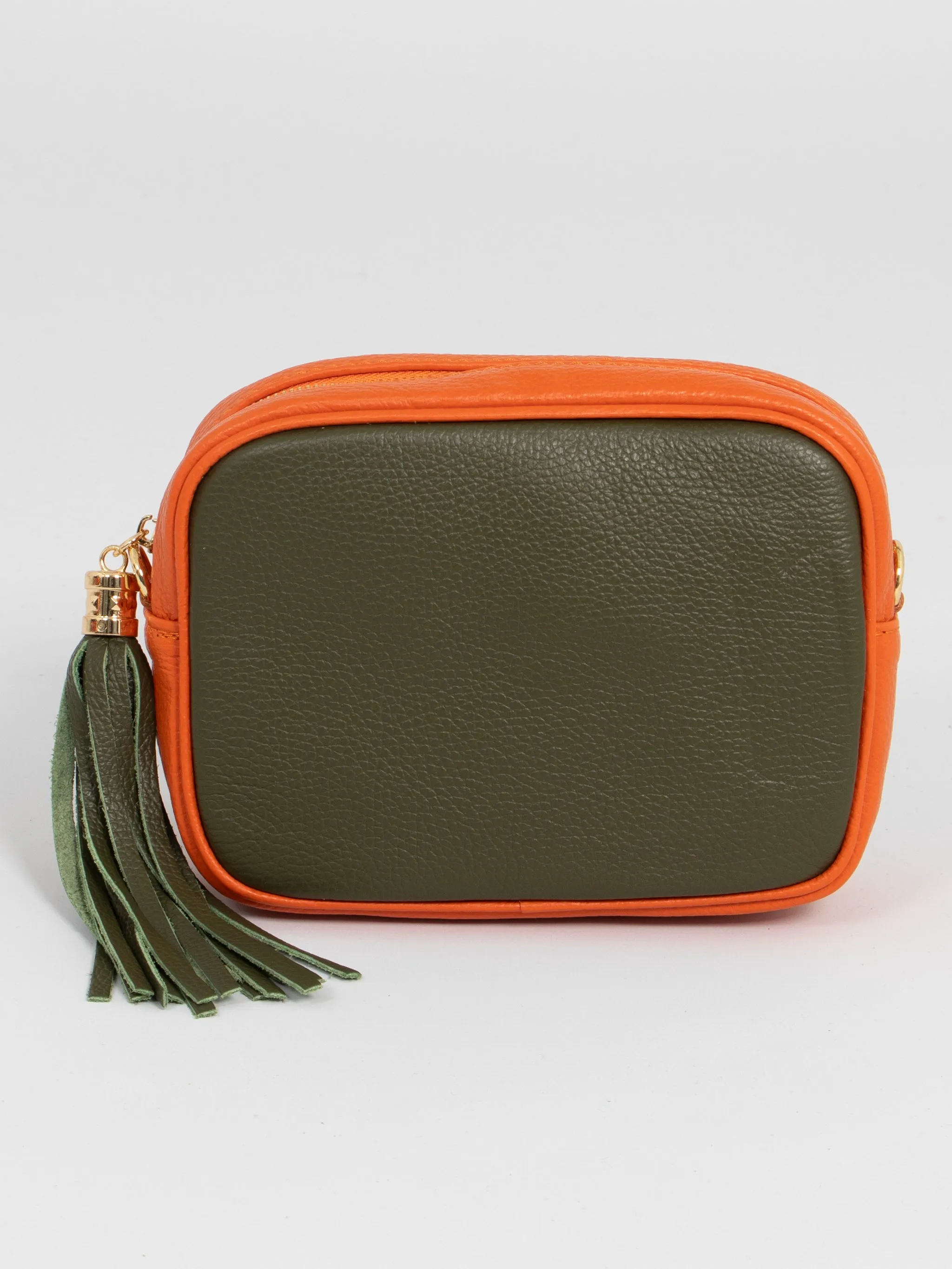Beau - Italian Leather Crossbody Bag - Khaki/Orange, Pebbled