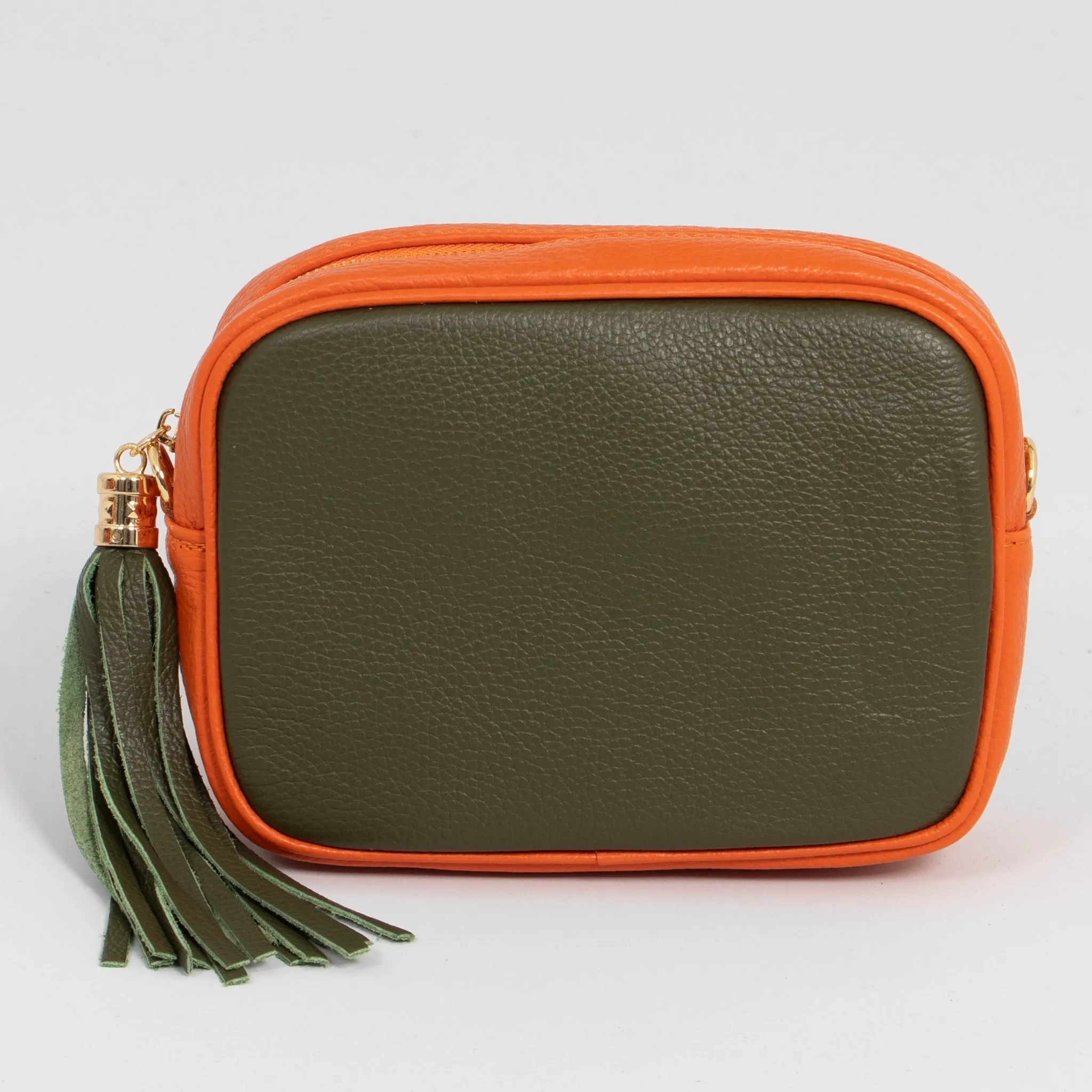 Beau - Italian Leather Crossbody Bag - Khaki/Orange, Pebbled