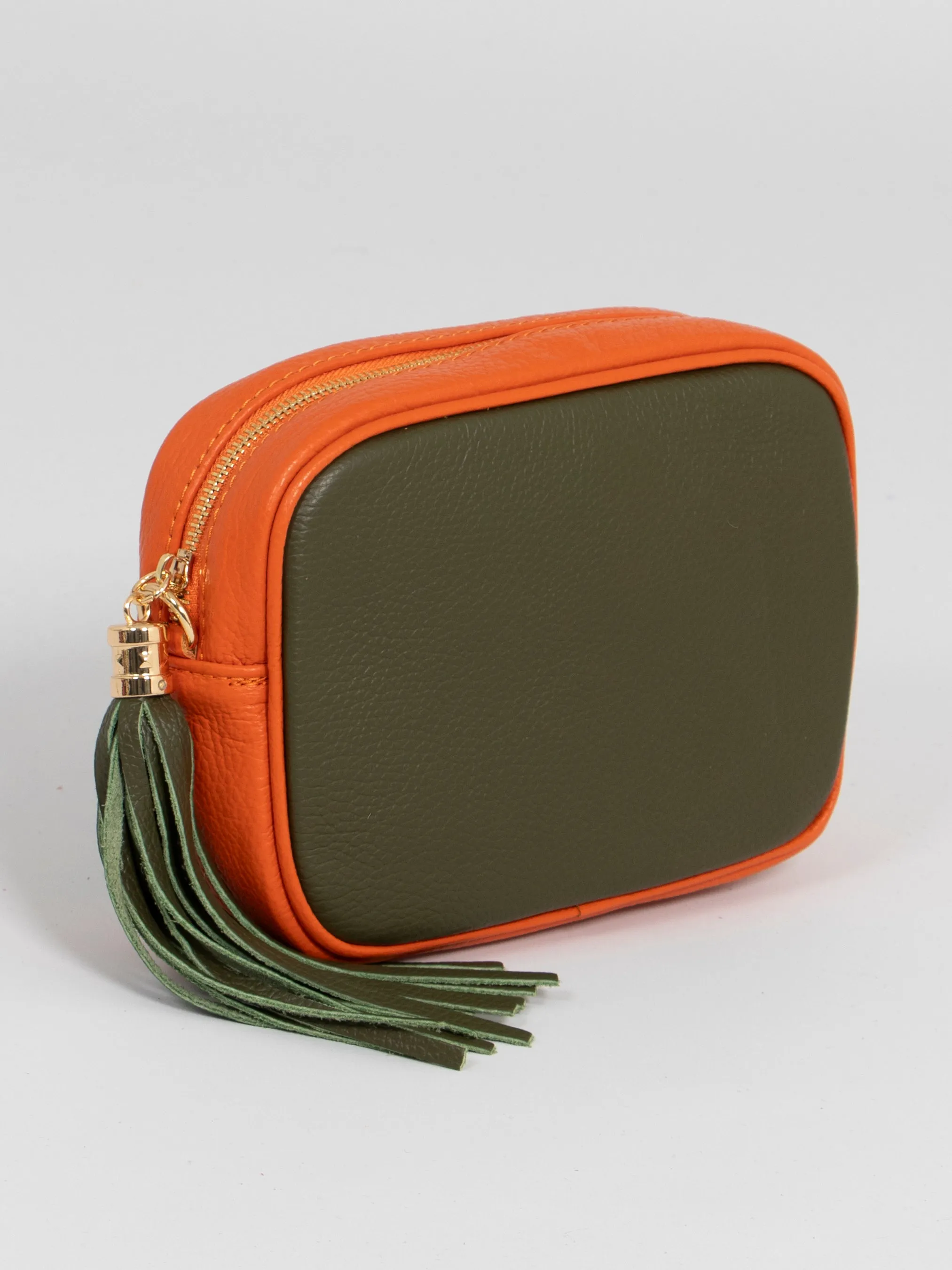 Beau - Italian Leather Crossbody Bag - Khaki/Orange, Pebbled