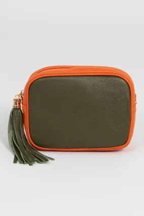 Beau - Italian Leather Crossbody Bag - Khaki/Orange, Pebbled