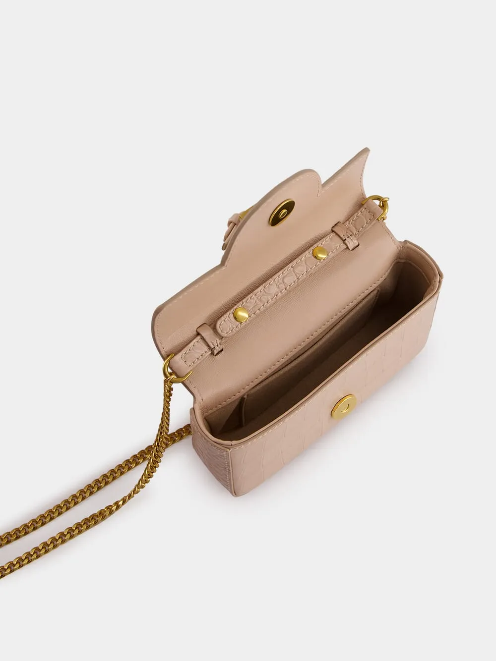Beige B-Buzz 17 Mini Bag in Crocodile-Embossed Calfskin