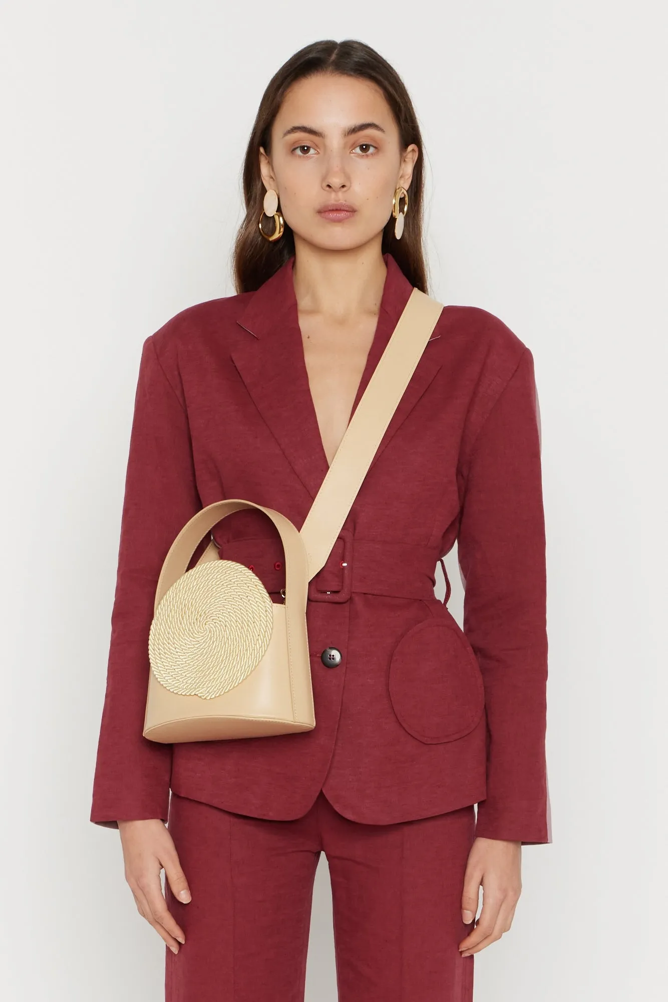 BEIGE Leather Handle Bag with Passementerie Details