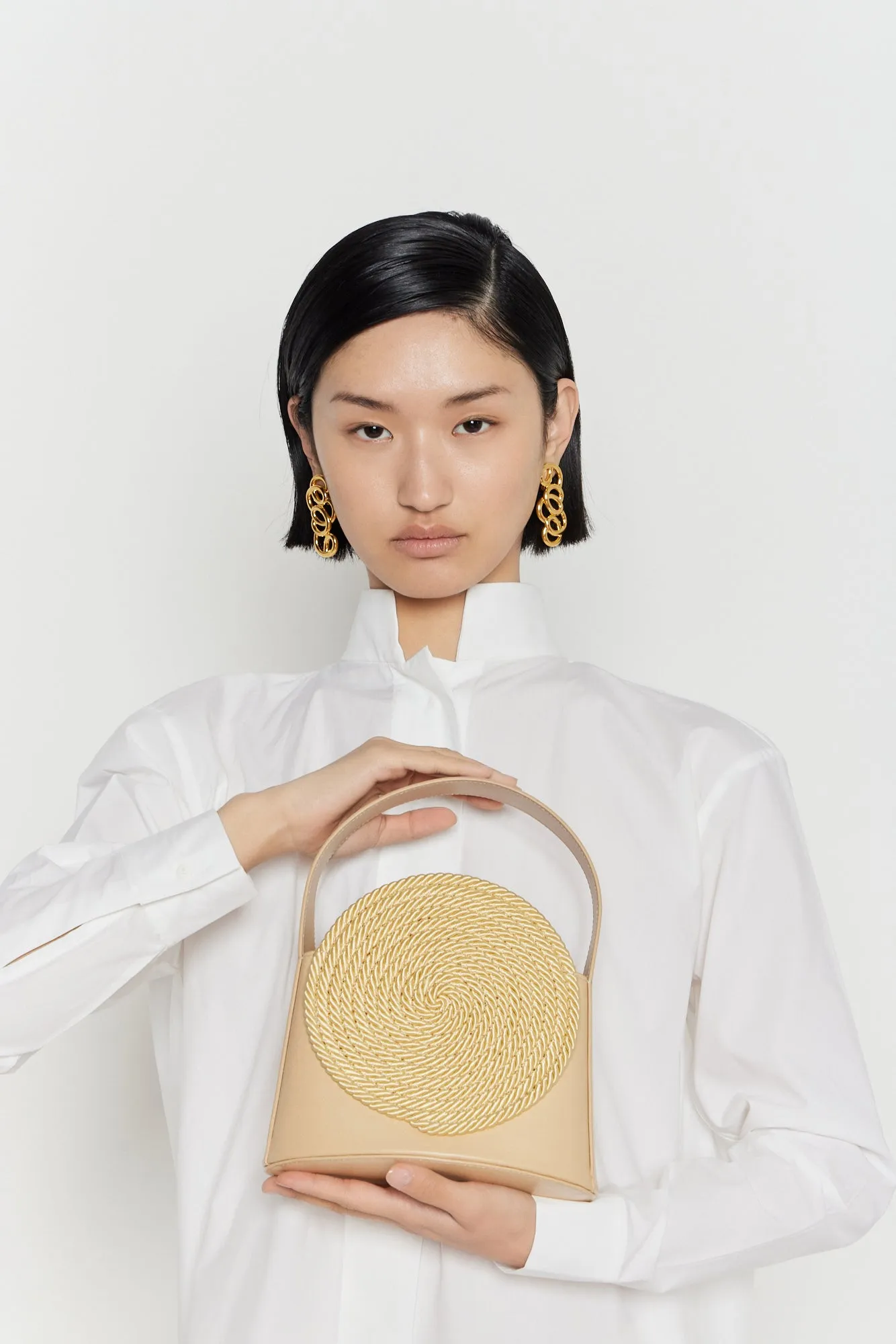 BEIGE Leather Handle Bag with Passementerie Details