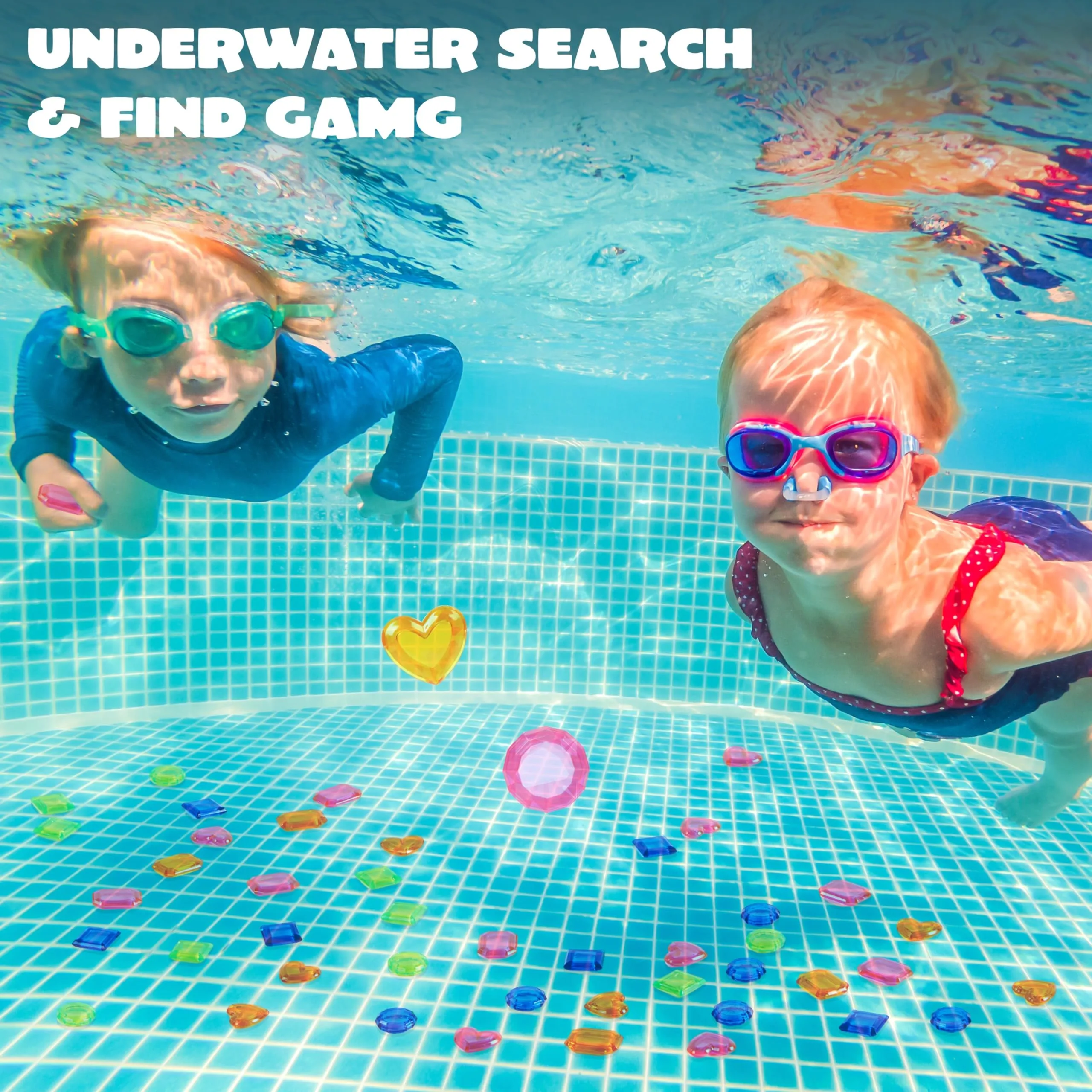 Bizzy-me 4-in-1 Diving Pool Toys, Underwater Seek and Find Gems Game Set Waterproof, Swiming Pool Toys for Kids with Mesh Bag, Water Toy Gifts for Summer Swim Dive Search Treasure Match Games