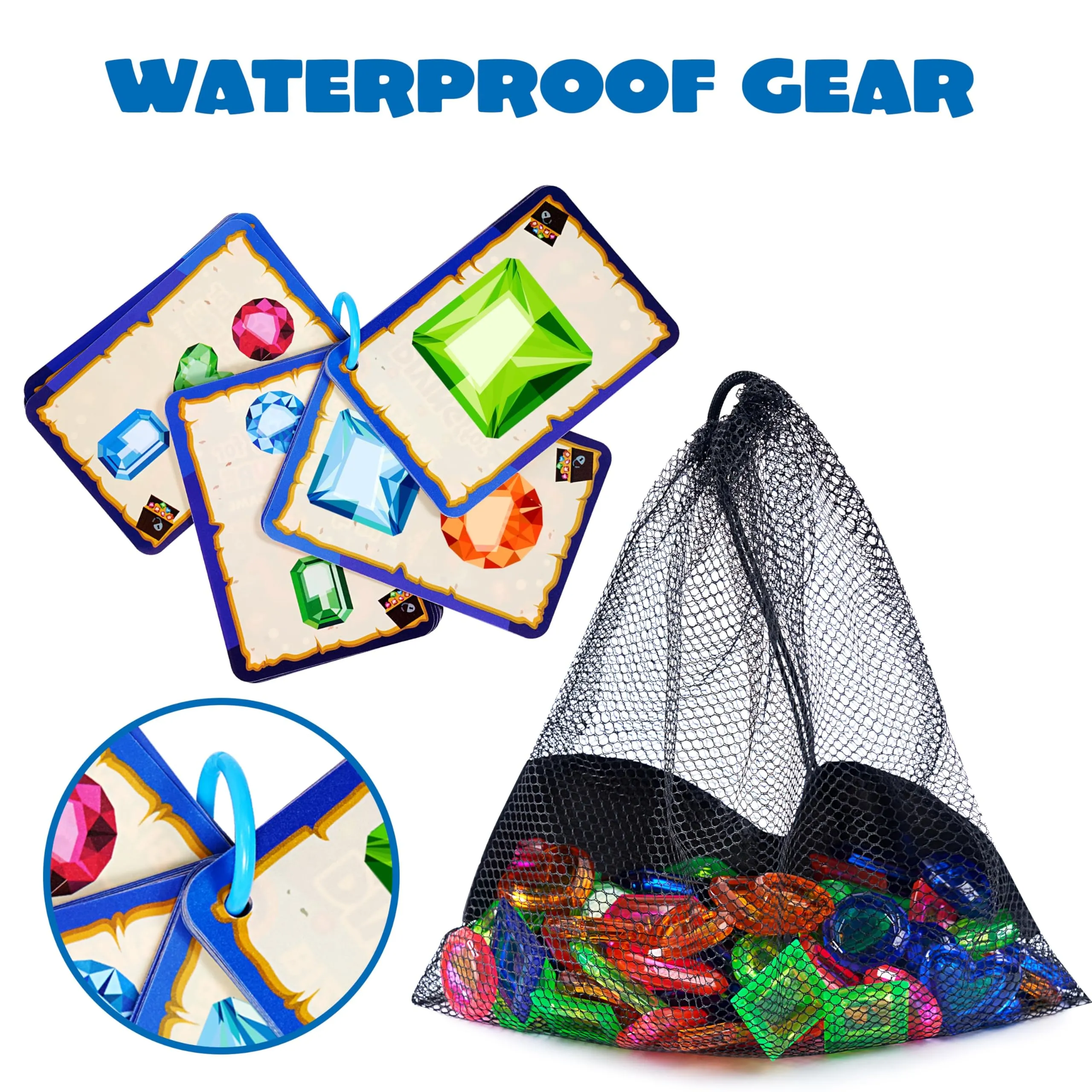 Bizzy-me 4-in-1 Diving Pool Toys, Underwater Seek and Find Gems Game Set Waterproof, Swiming Pool Toys for Kids with Mesh Bag, Water Toy Gifts for Summer Swim Dive Search Treasure Match Games