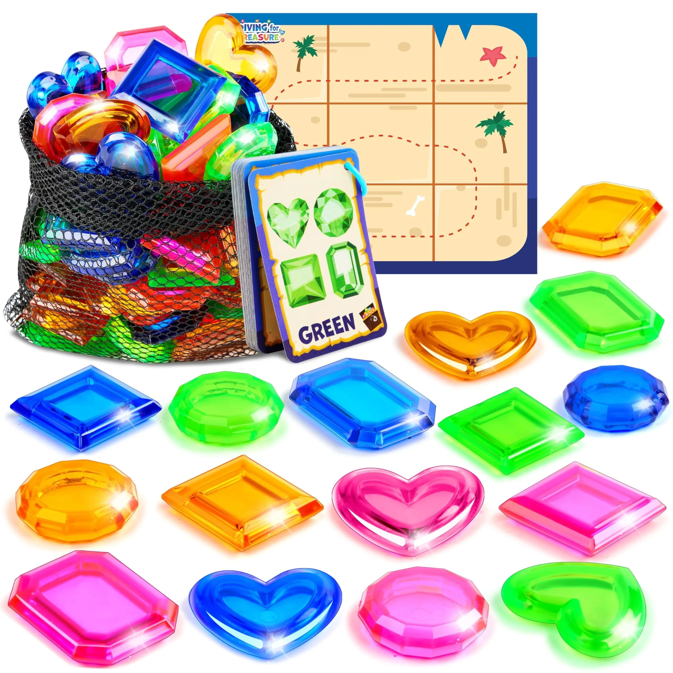 Bizzy-me 4-in-1 Diving Pool Toys, Underwater Seek and Find Gems Game Set Waterproof, Swiming Pool Toys for Kids with Mesh Bag, Water Toy Gifts for Summer Swim Dive Search Treasure Match Games