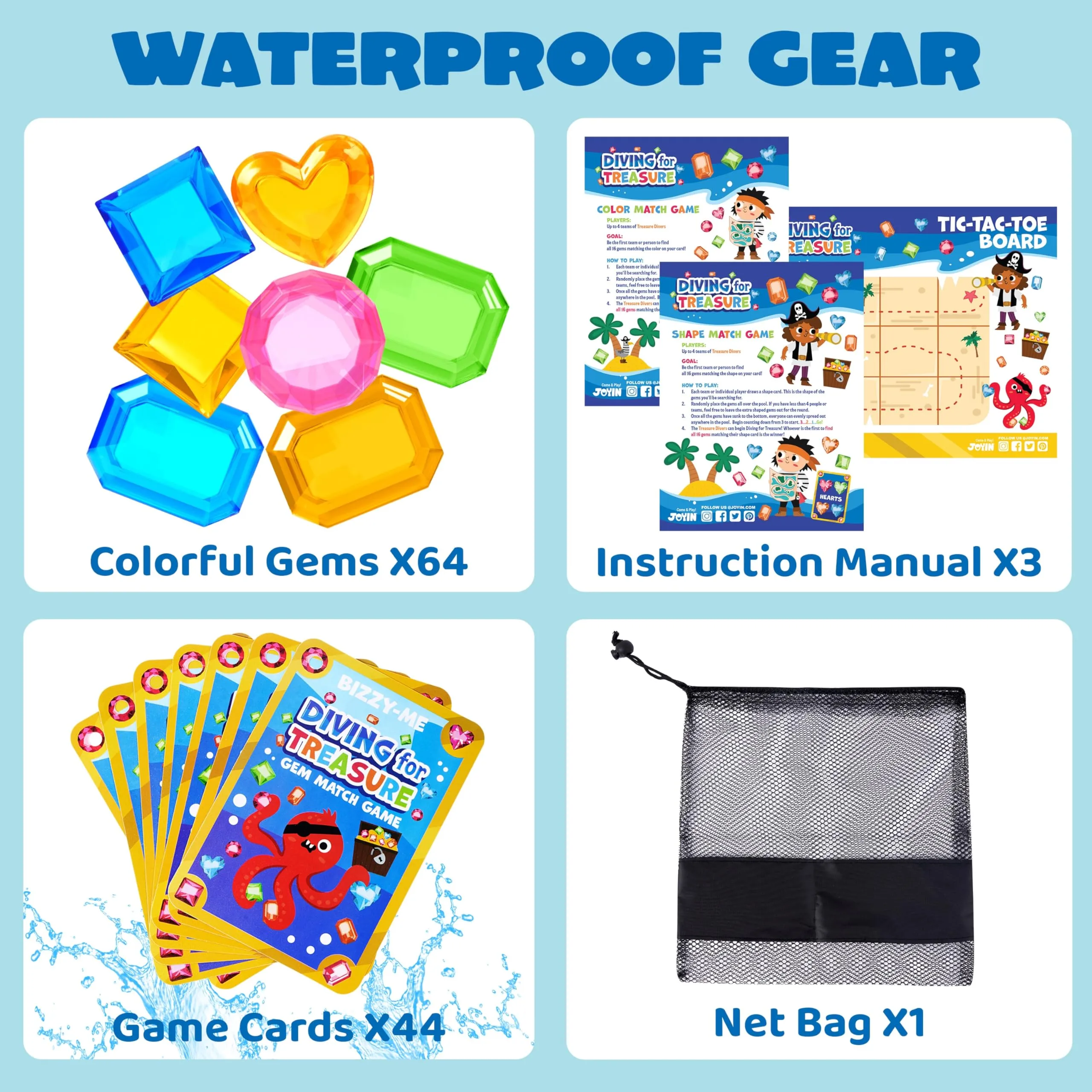 Bizzy-me 4-in-1 Diving Pool Toys, Underwater Seek and Find Gems Game Set Waterproof, Swiming Pool Toys for Kids with Mesh Bag, Water Toy Gifts for Summer Swim Dive Search Treasure Match Games