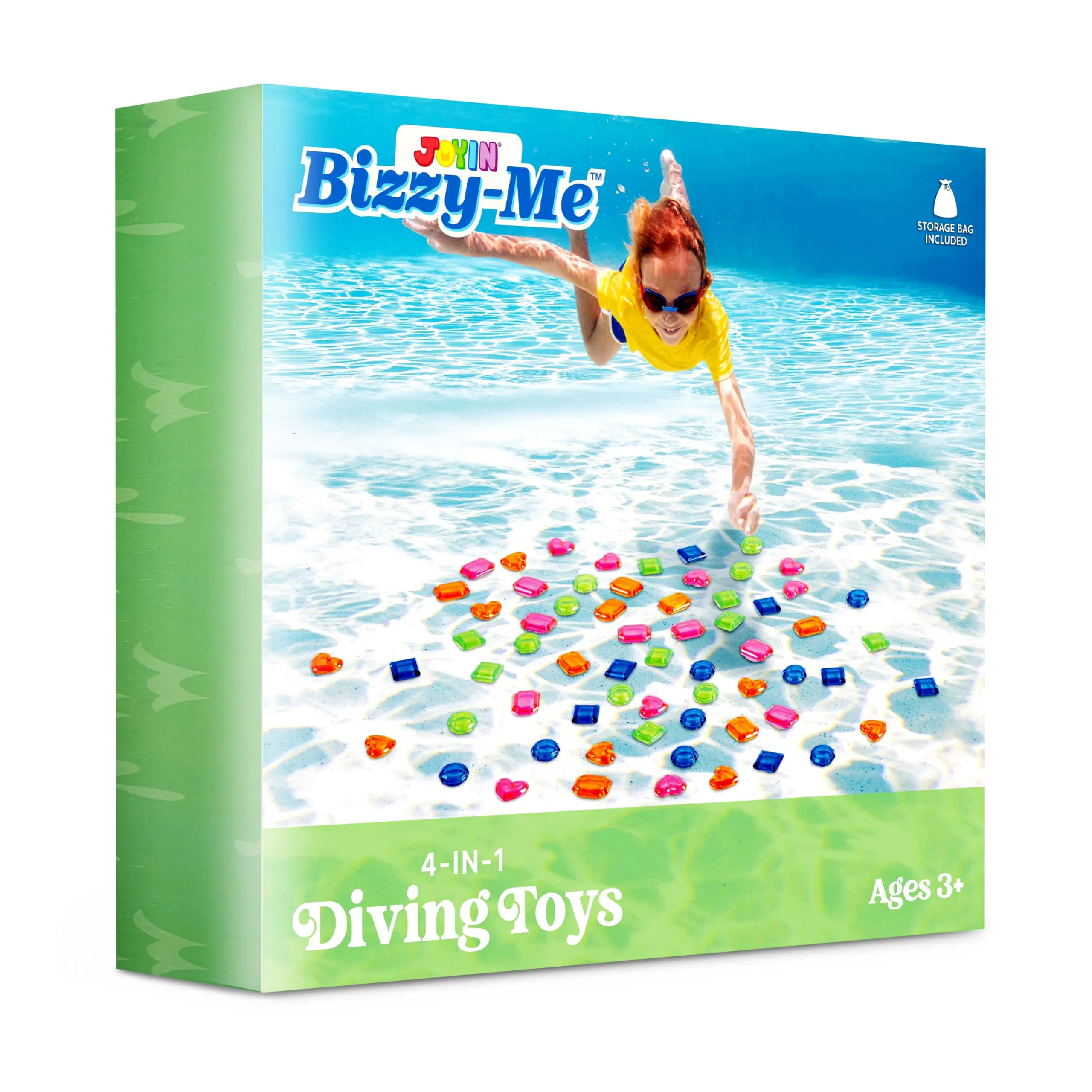 Bizzy-me 4-in-1 Diving Pool Toys, Underwater Seek and Find Gems Game Set Waterproof, Swiming Pool Toys for Kids with Mesh Bag, Water Toy Gifts for Summer Swim Dive Search Treasure Match Games