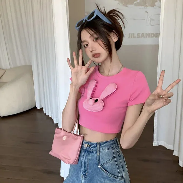 Cartoon 3D Bunny Round Neck T-Shirt