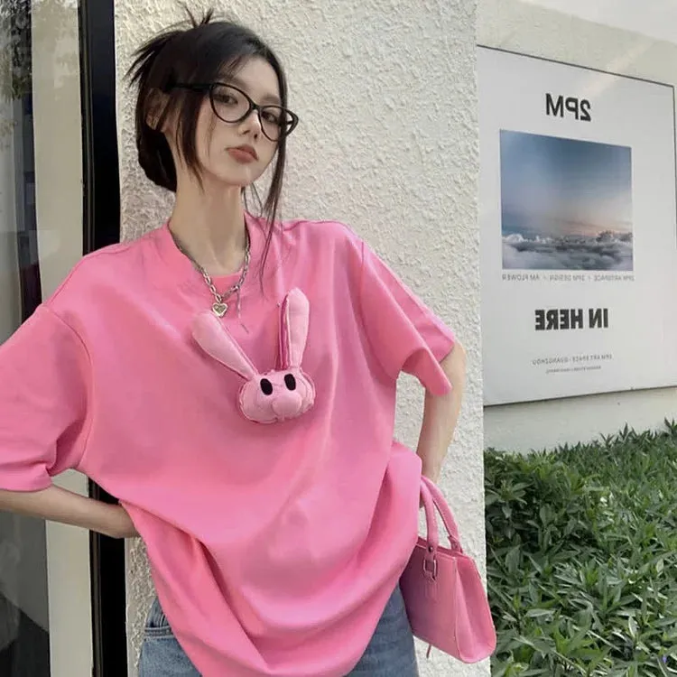 Cartoon 3D Bunny Round Neck T-Shirt
