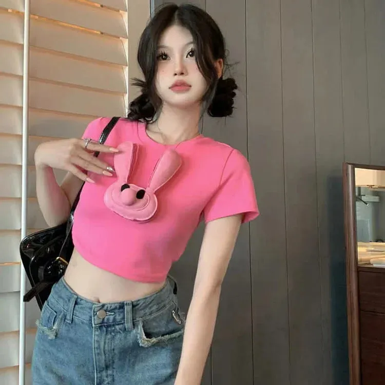 Cartoon 3D Bunny Round Neck T-Shirt