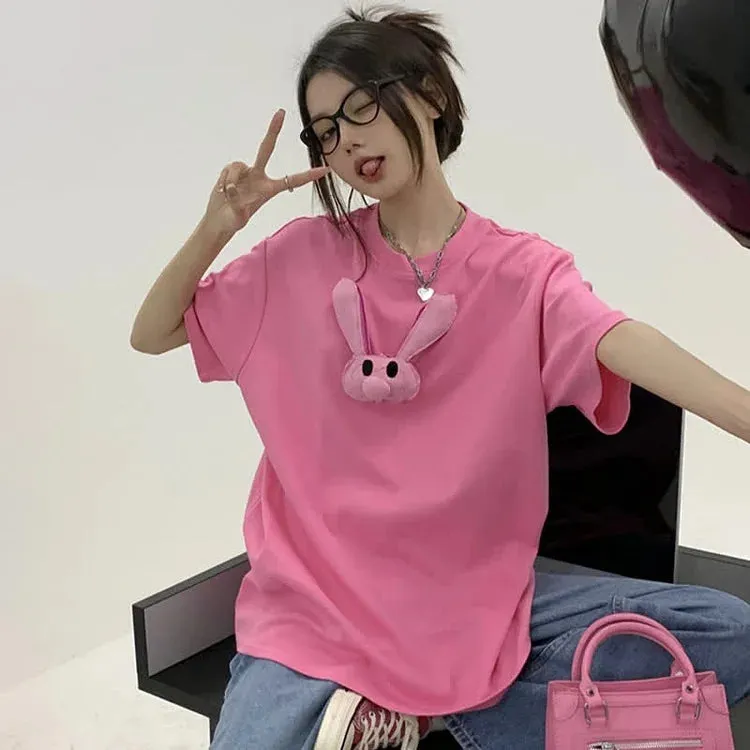 Cartoon 3D Bunny Round Neck T-Shirt