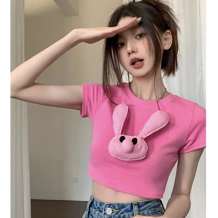 Cartoon 3D Bunny Round Neck T-Shirt