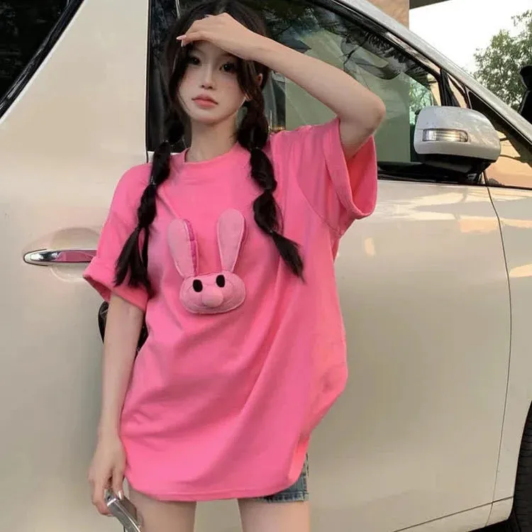 Cartoon 3D Bunny Round Neck T-Shirt