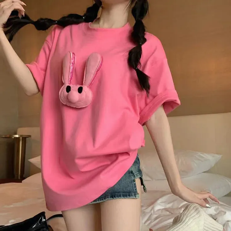 Cartoon 3D Bunny Round Neck T-Shirt