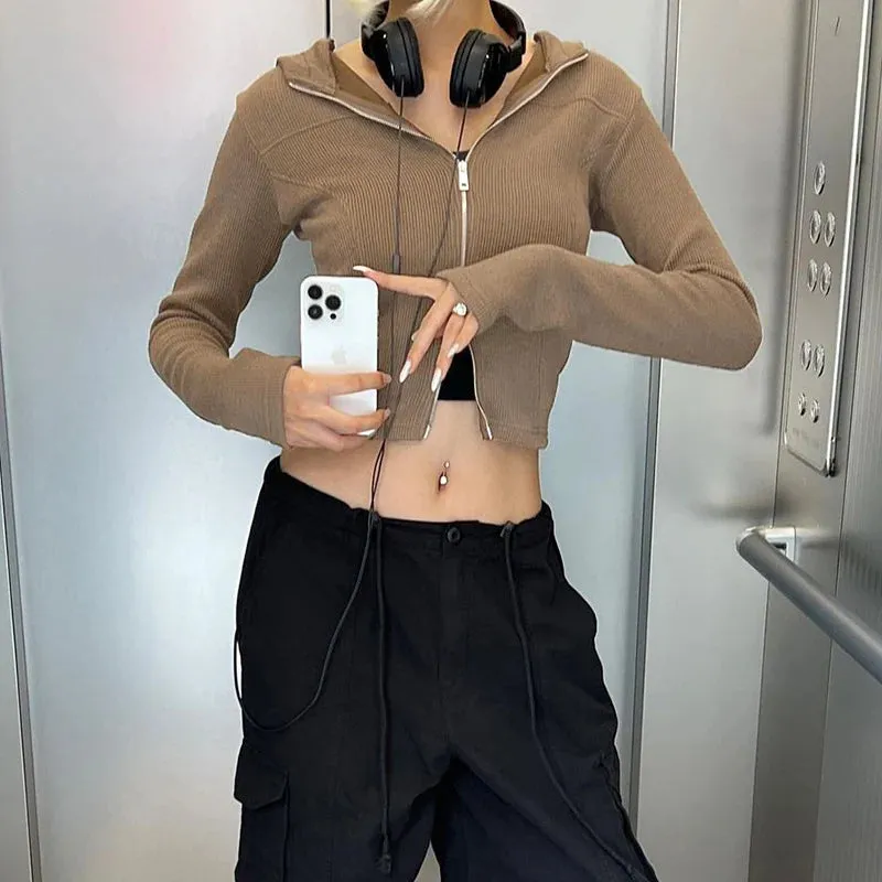 Casual Knit Spring Autumn T shirt Female Hooded Top Solid Basic Outwear Harajuku Zip Up Jacket Shirt Cropped Clothing
