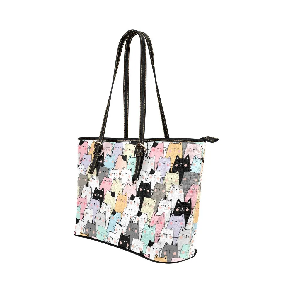 Cat Tote Bag Purse, Cute Kittens Print Handbag Women Vegan Leather Zip Top Small Large Designer Handmade Shoulder Work Ladies Bag