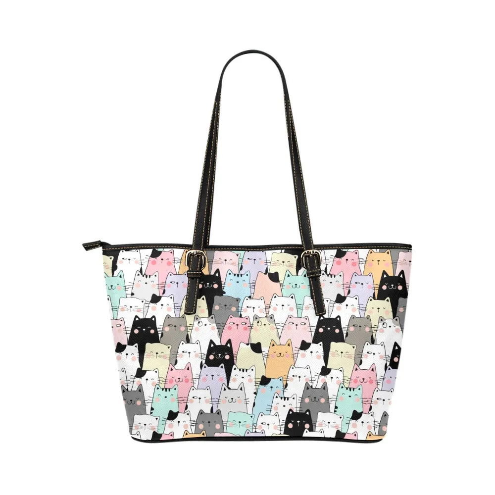 Cat Tote Bag Purse, Cute Kittens Print Handbag Women Vegan Leather Zip Top Small Large Designer Handmade Shoulder Work Ladies Bag