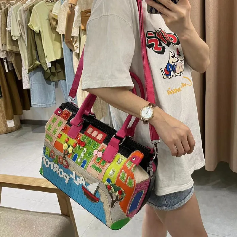Chh Chrome Heart Leather Bag Embroidered Cartoon Shoulder Bag Crossbody Bag