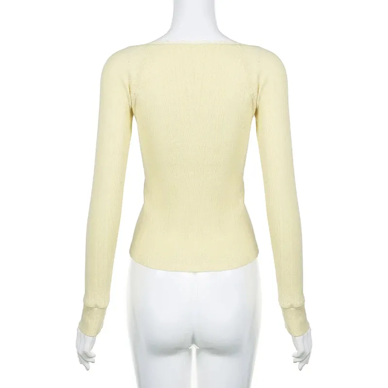 Coquette Yellow Bright Slim Jacquard Women Top Tee Slim Cutecore Lace Trim Buttons Autumn T shirt Clothing Knit Shirt