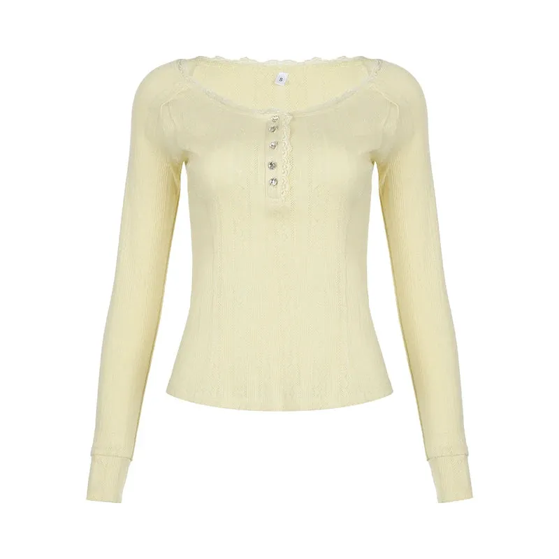Coquette Yellow Bright Slim Jacquard Women Top Tee Slim Cutecore Lace Trim Buttons Autumn T shirt Clothing Knit Shirt