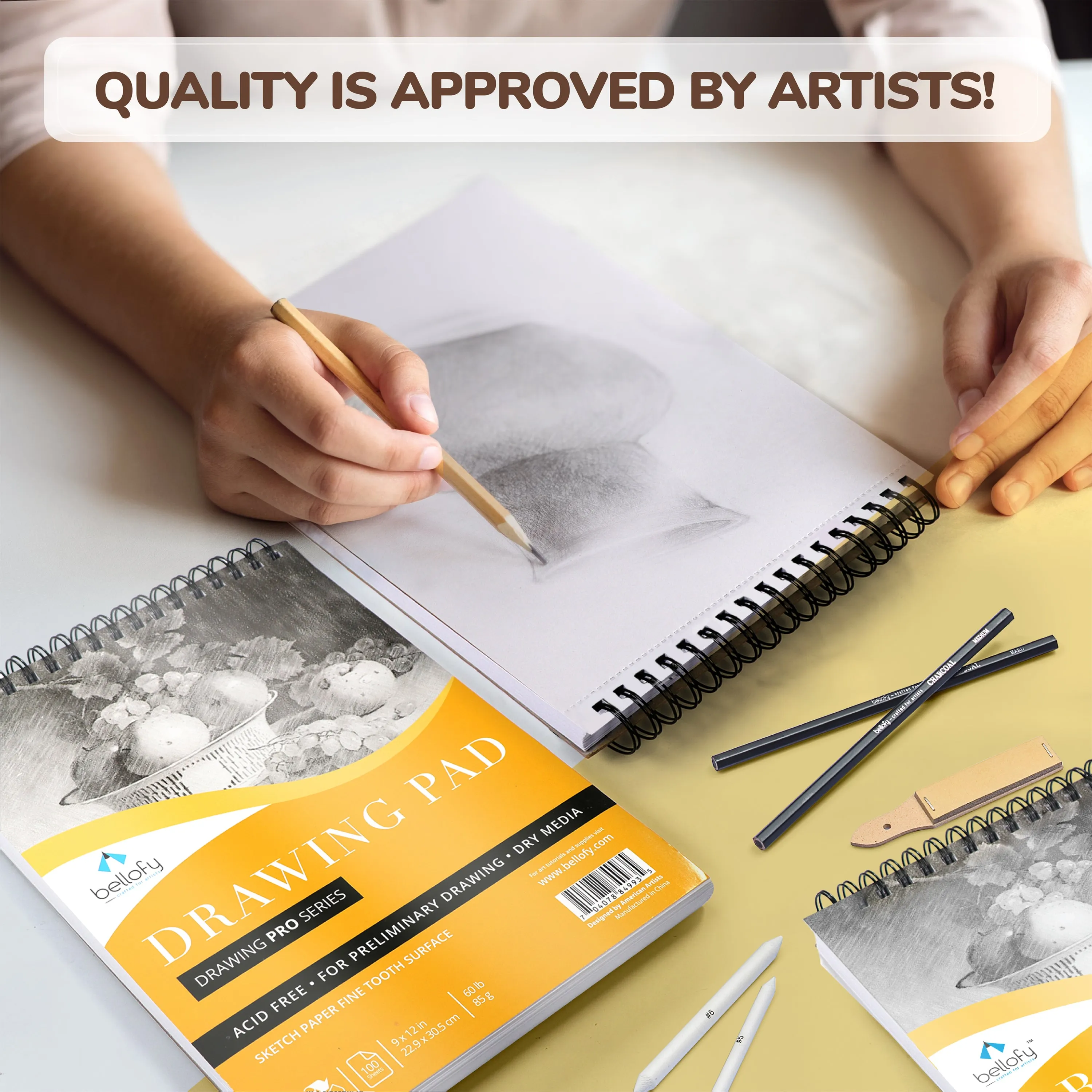 Drawing Paper Pad Set of 3 9 x 12 Inch - Each with 100 Sheets - Sketchbook for Dry Media