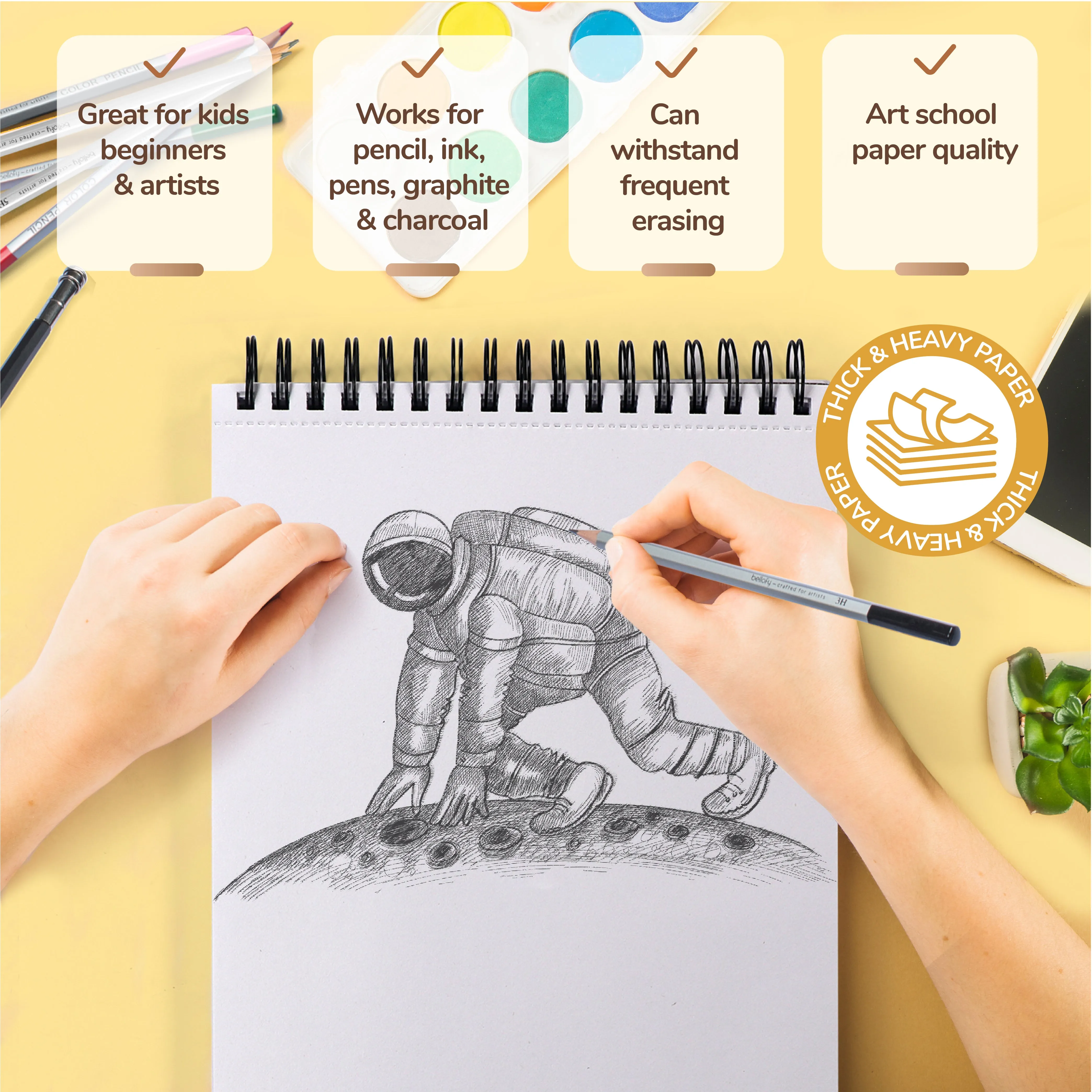 Drawing Paper Pad Set of 3 9 x 12 Inch - Each with 100 Sheets - Sketchbook for Dry Media