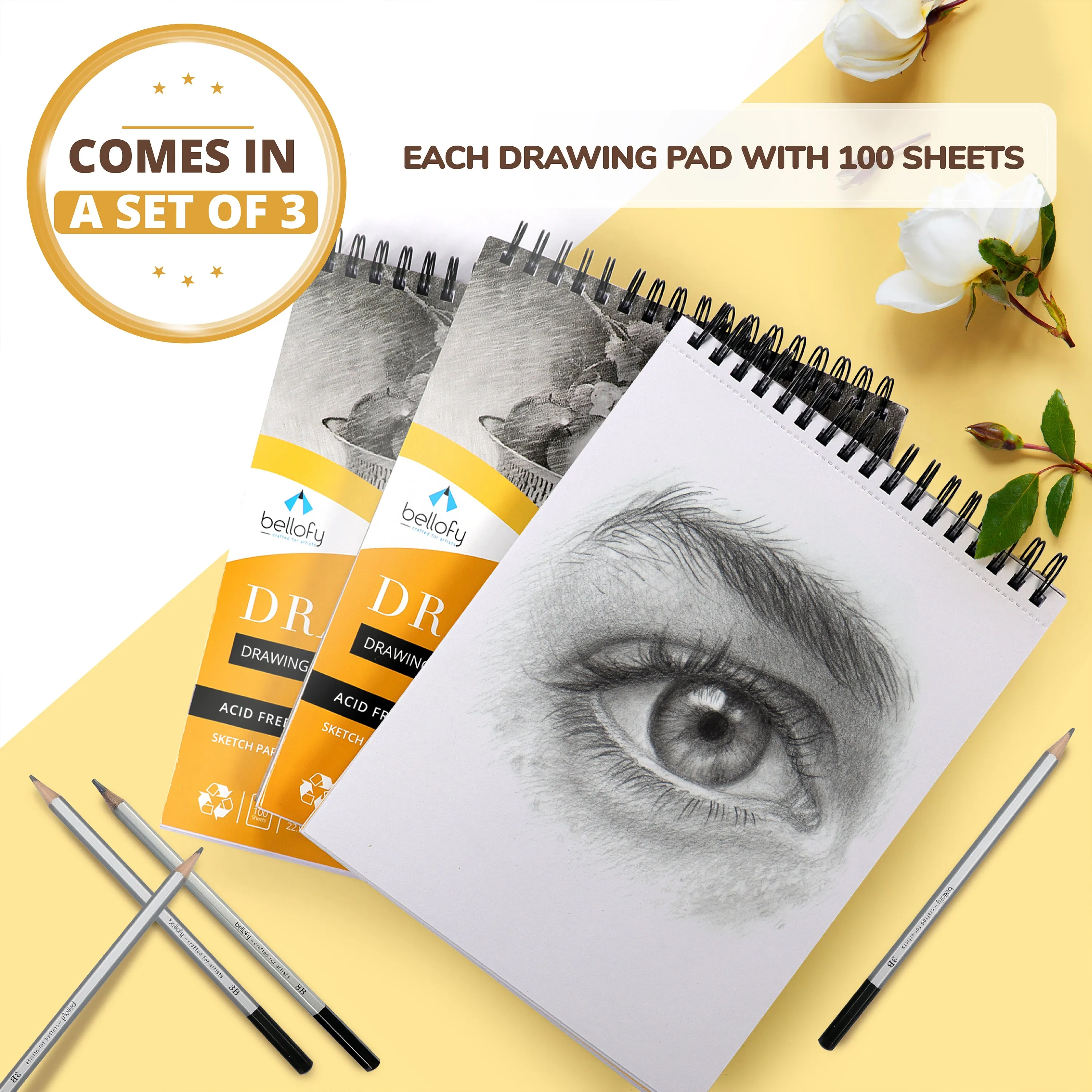 Drawing Paper Pad Set of 3 9 x 12 Inch - Each with 100 Sheets - Sketchbook for Dry Media