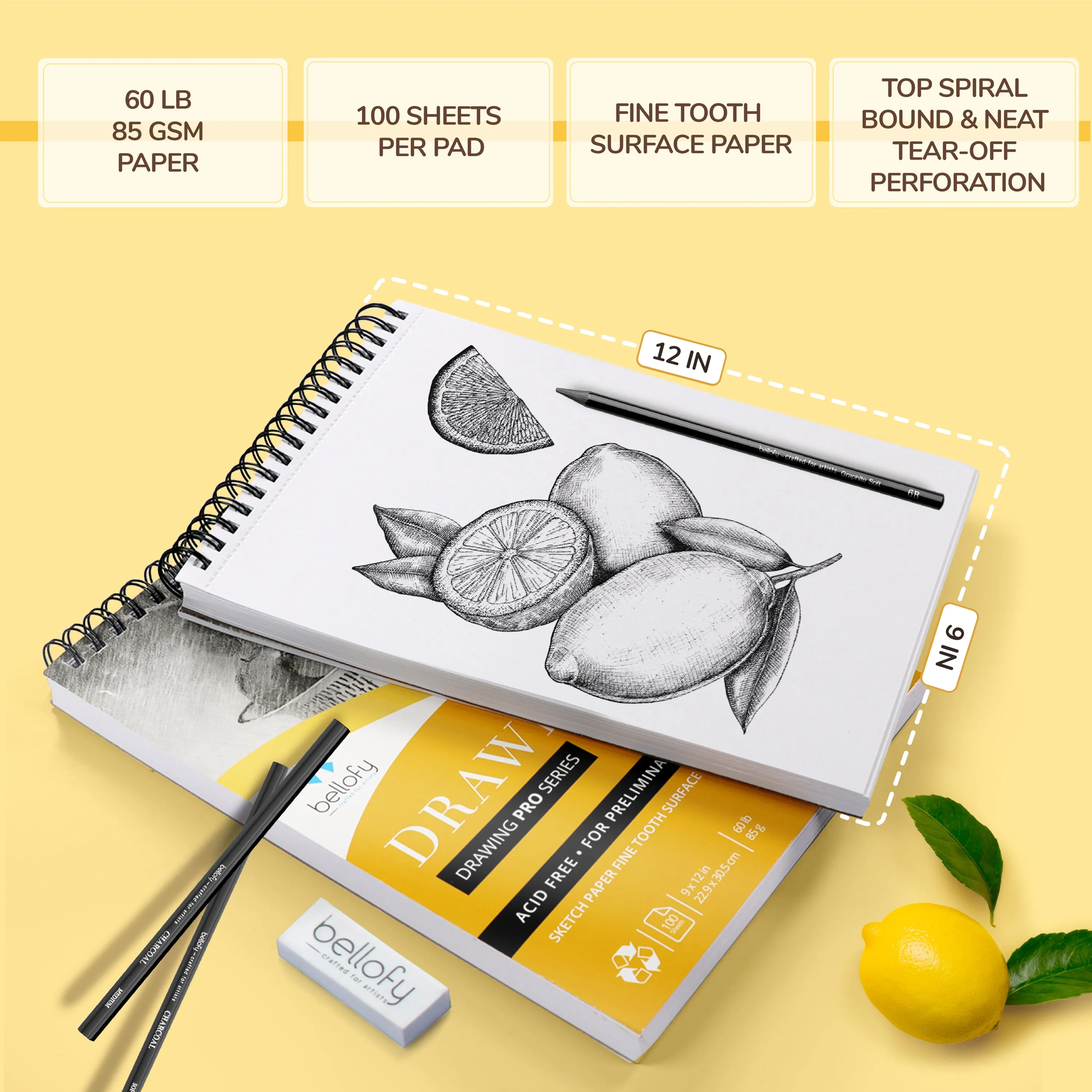 Drawing Paper Pad Set of 3 9 x 12 Inch - Each with 100 Sheets - Sketchbook for Dry Media