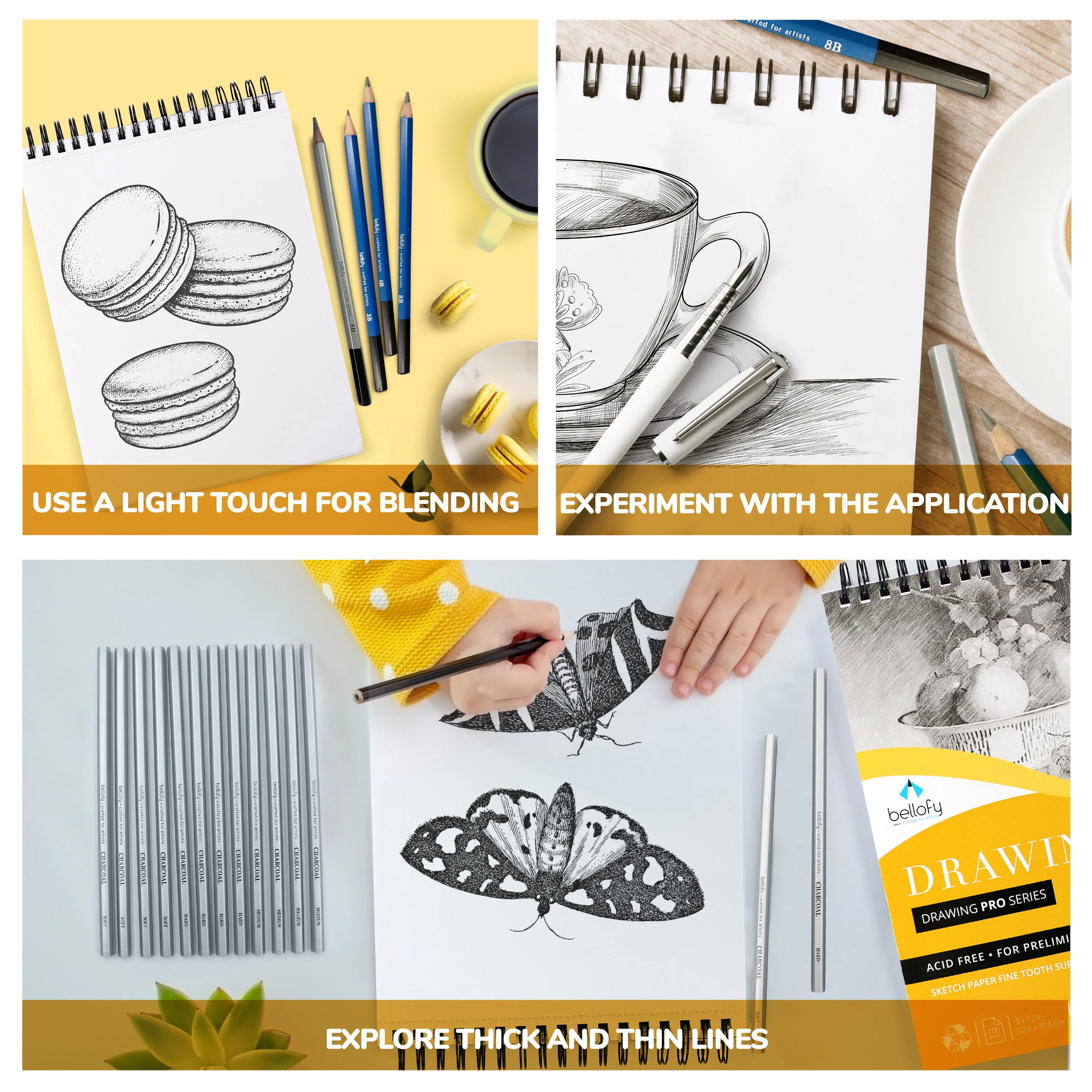Drawing Paper Pad Set of 3 9 x 12 Inch - Each with 100 Sheets - Sketchbook for Dry Media