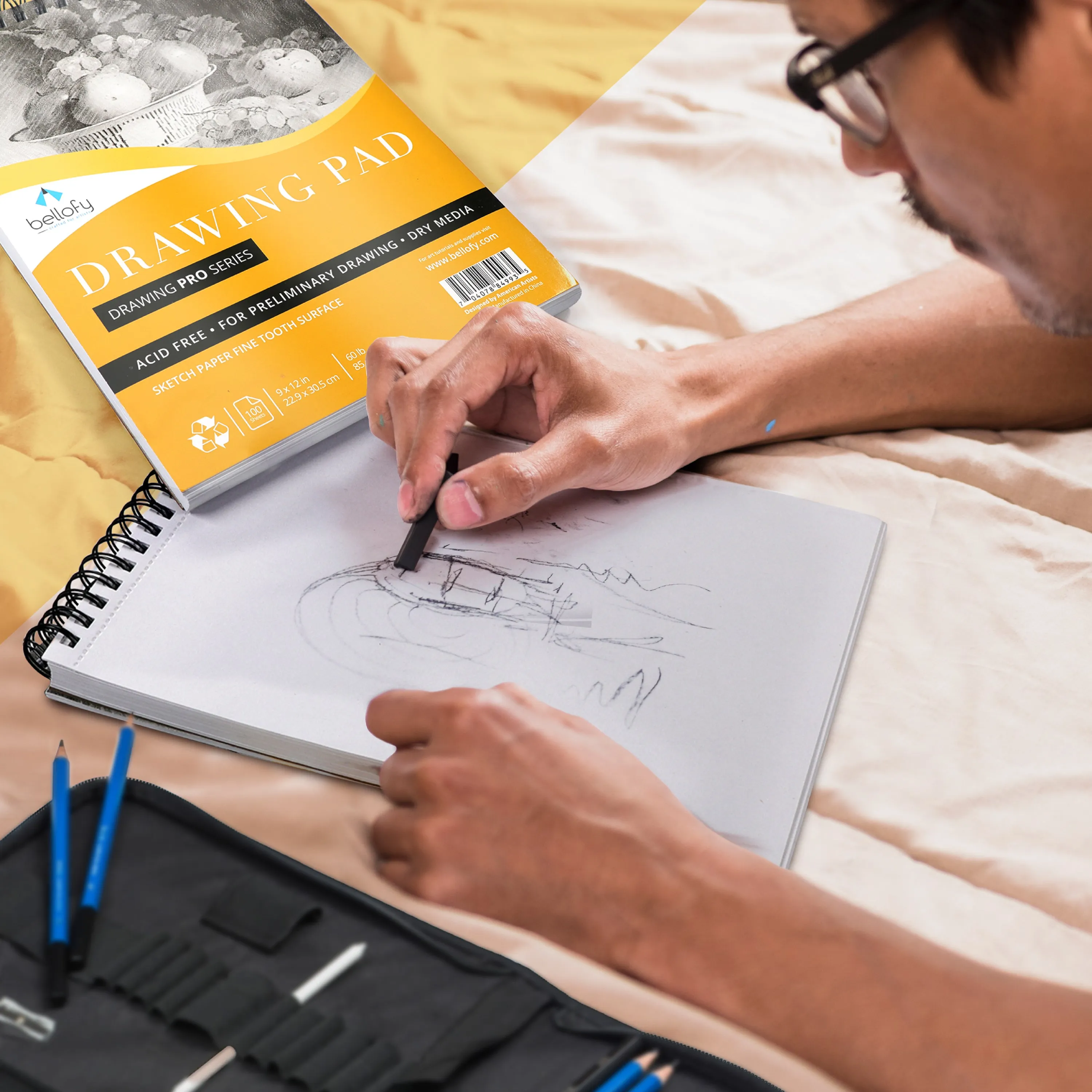 Drawing Paper Pad Set of 3 9 x 12 Inch - Each with 100 Sheets - Sketchbook for Dry Media