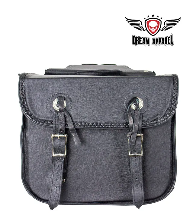 Genuine Leather Motorcycle Saddlebag with Braid & Concho