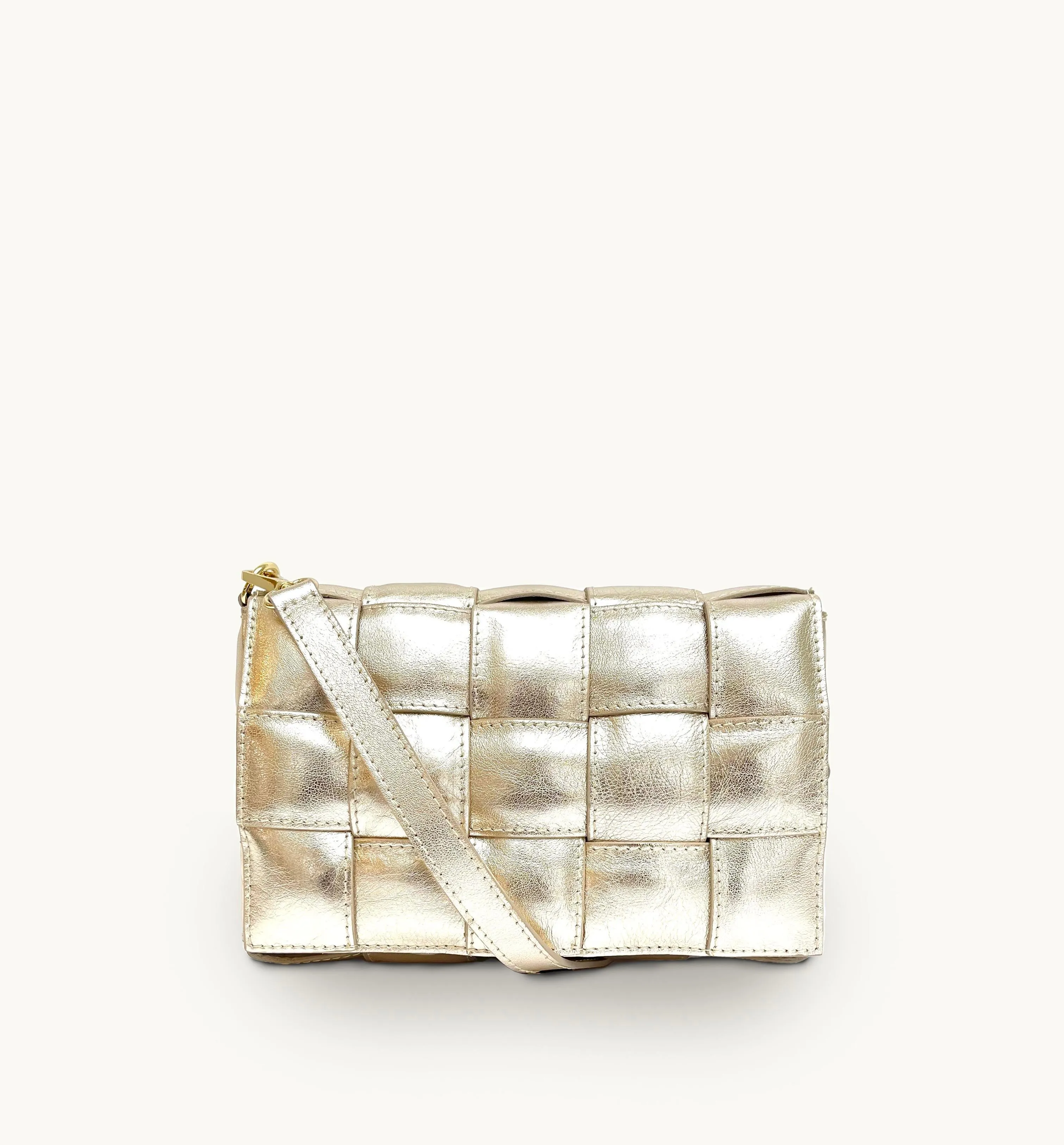 Gold Padded Woven Leather Crossbody Bag