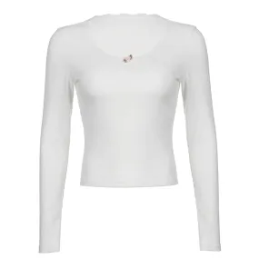 Korean Fashion White Ribbed Knitted Women T-shirts Cute Lace Trim Basic Tops Slim Casual Spring Autumn Tee Shirt Chic