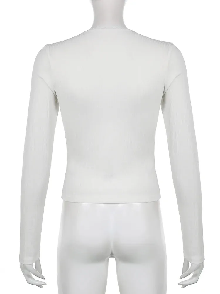 Korean Fashion White Ribbed Knitted Women T-shirts Cute Lace Trim Basic Tops Slim Casual Spring Autumn Tee Shirt Chic