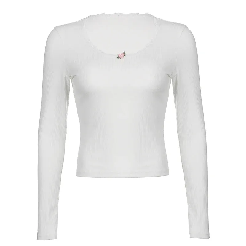 Korean Fashion White Ribbed Knitted Women T-shirts Cute Lace Trim Basic Tops Slim Casual Spring Autumn Tee Shirt Chic
