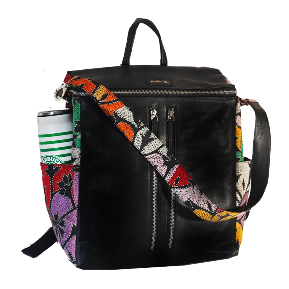Leather embroidery Multi-way Backpack - Black