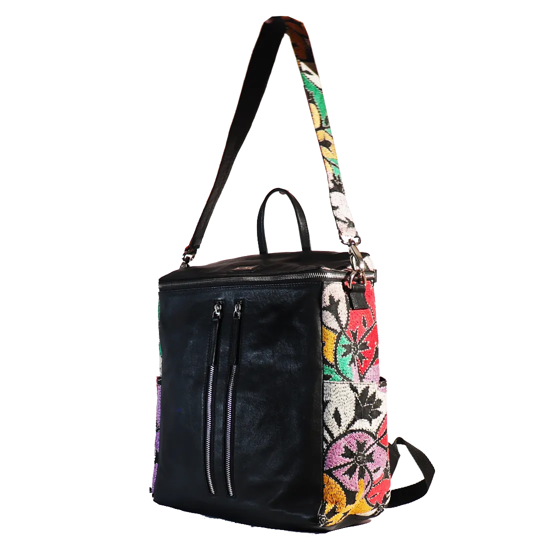 Leather embroidery Multi-way Backpack - Black