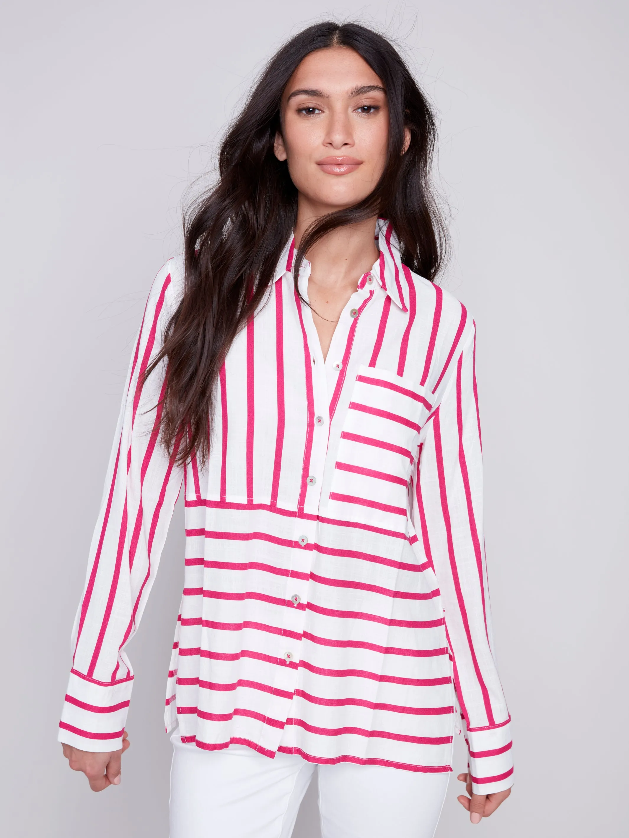 Lined Blend Striped 3/4 Button Top