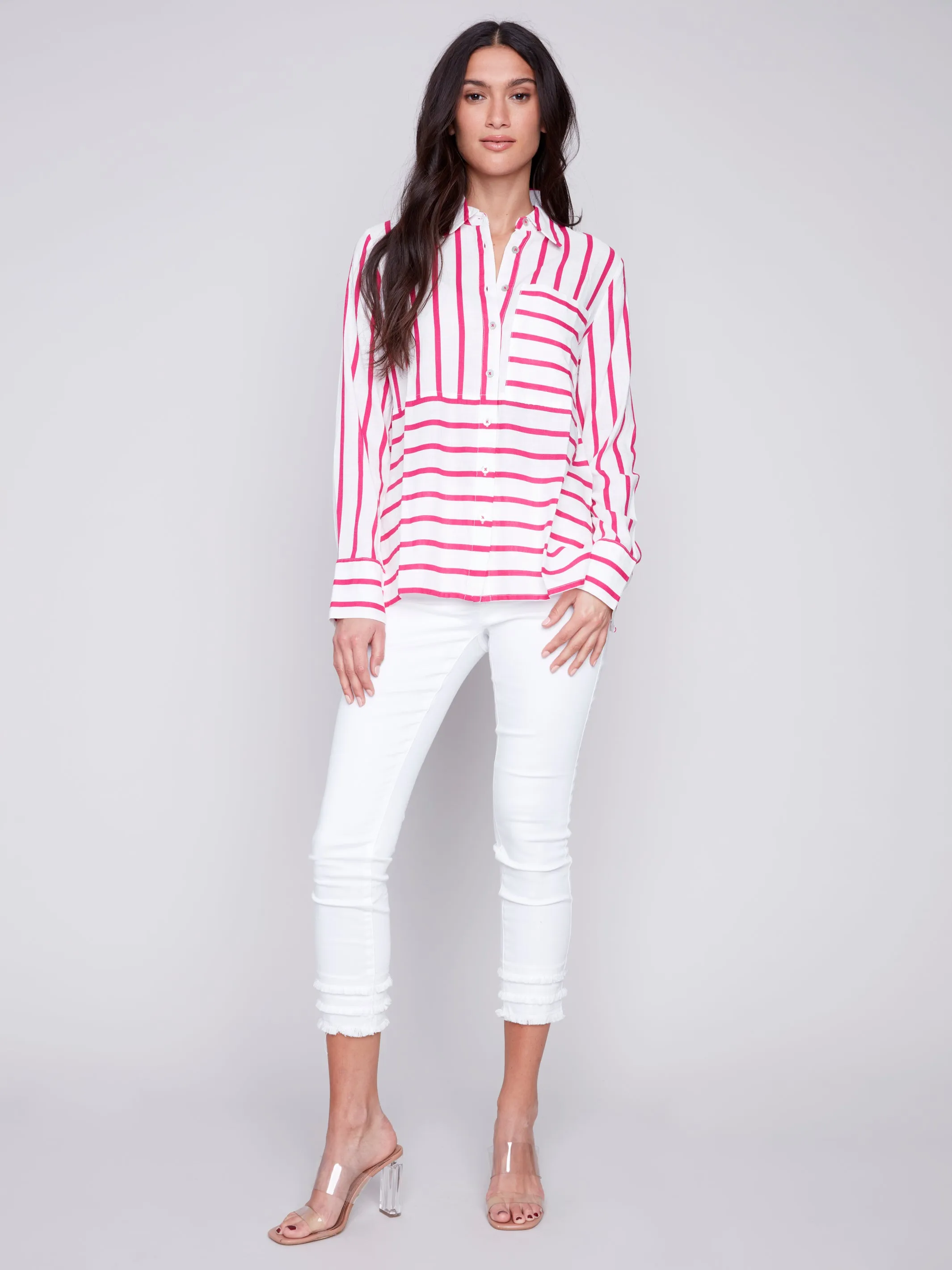 Lined Blend Striped 3/4 Button Top