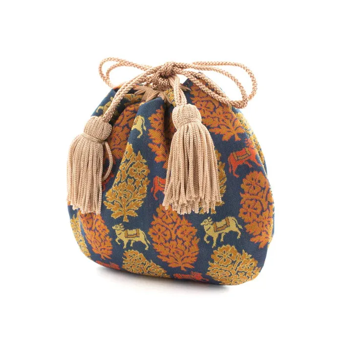 Nishijin-ori Small Drawstring Bag - Bull / Navy Blue -,  Made in Kyoto, Japan,  Japanese traditional craft purse