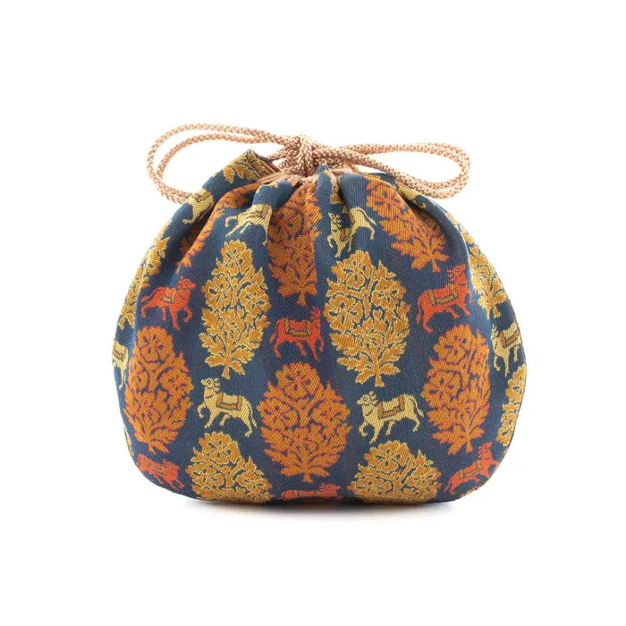 Nishijin-ori Small Drawstring Bag - Bull / Navy Blue -,  Made in Kyoto, Japan,  Japanese traditional craft purse