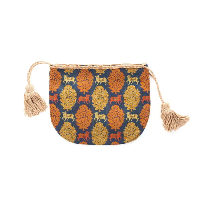 Nishijin-ori Small Drawstring Bag - Bull / Navy Blue -,  Made in Kyoto, Japan,  Japanese traditional craft purse